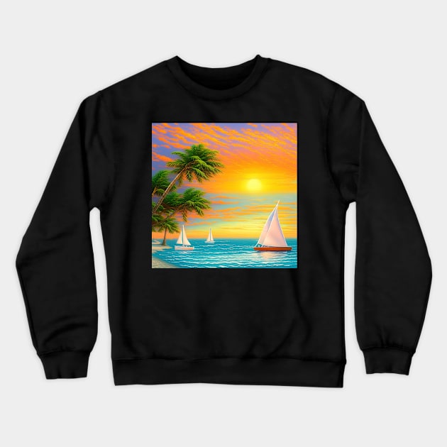 Beach Sunset Sailboats and Palm Trees Crewneck Sweatshirt by jillnightingale